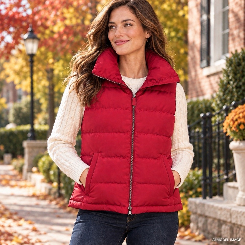 Talbots Down Puffer Vest Women L Red Cranberry Duck Down Zip Winter Quilted Fall
